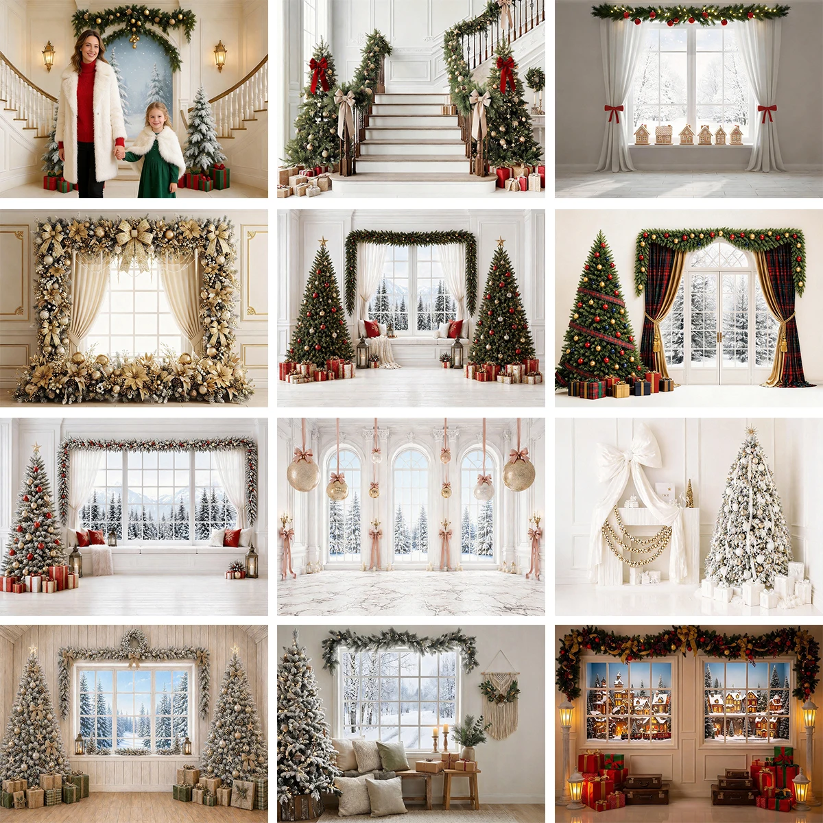 Luxury Christmas Indoor Christmas Tree Gift Decoration White Window Staircase Photo Background For Family Portrait Studio
