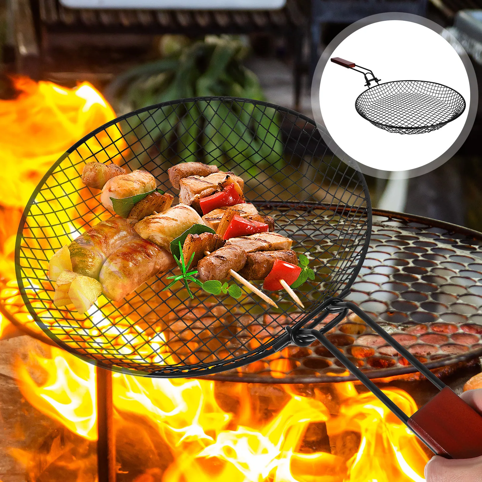

Carbon Steel Grill Basket Foldable Handle Round Vegetable Frying Bbq Outdoor Cooking Basket Multipurpose Portable Barbecue