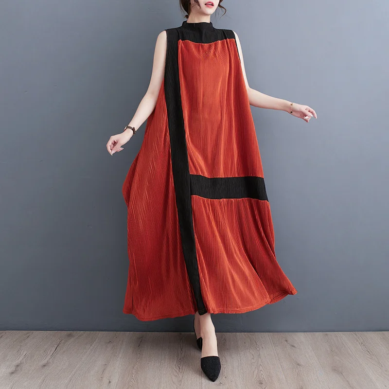 #3439 Summer Vintage Pleated Dress Women Half High Collar Asymmetrical Dress Sleeveless Loose Spliced Color Retro Ankle-length