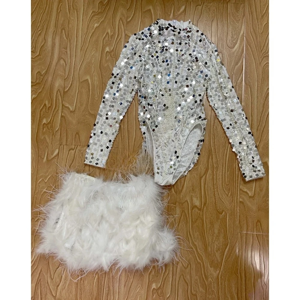Women Sexy Nightclub Outfit Performance Dance Costume Stage Wear Sparkly Silver Sequins Pearl White Feathers Bodysuit 2 PCS Set