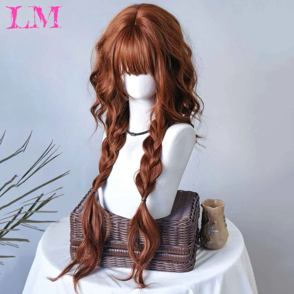 LM Curly Synthetic Wig With Bangs Double Braids Stylish Heat Resistant Fiber Wig For Daily Party Cosplay Halloween Costume Wig