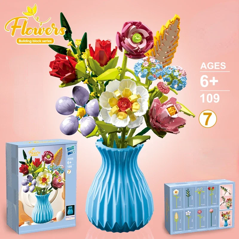 

Flower Bouquet Building Blocks Eternal Rose Sunflower Plant Model Bricks Set with Vase DIY Educational Toys for Kids Adult Gifts