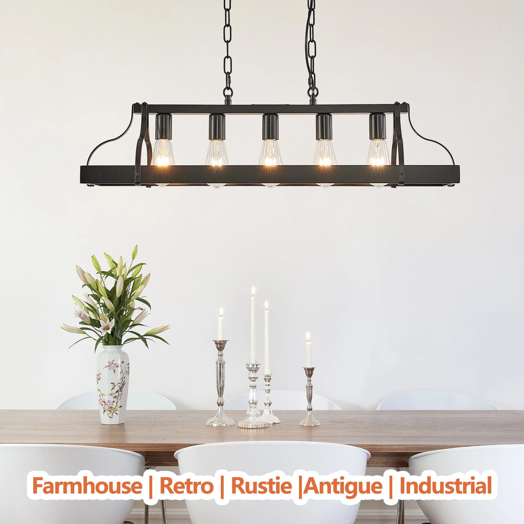 Black Industrial Pendant Light ,Need 5 E26 Bulb, Adjustable Chain Height Modern Farmhouse Linear Chandelier(Bulb Not Included)