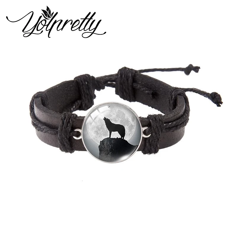 2023 New Fashion Wolf and Colorful Full Moon God Glass Dome Black Leather Bracelets Handcraft Jewelry for Men