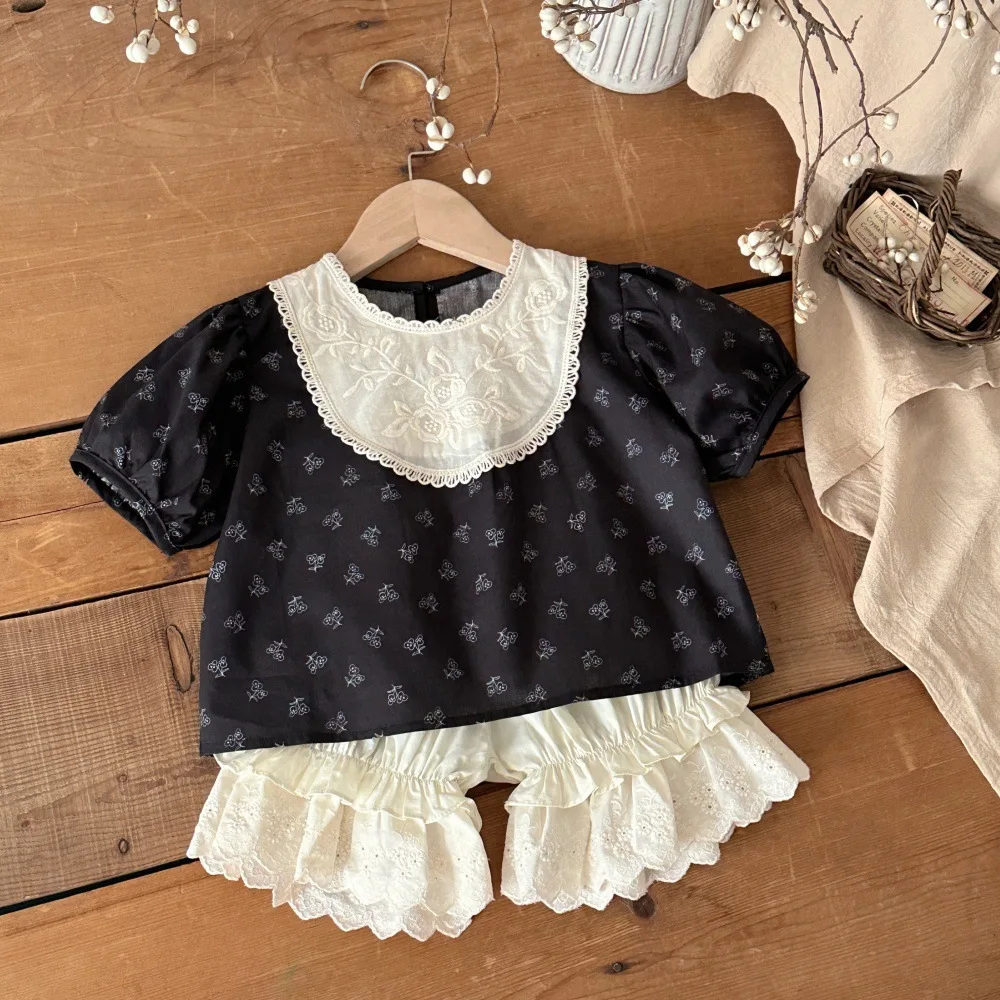 2026 Summer New Baby Girl Loose Short Sleeve Clothes Set Infant Girl Floral Shirts + Lace Shorts 2pcs Suit Toddler Outfits