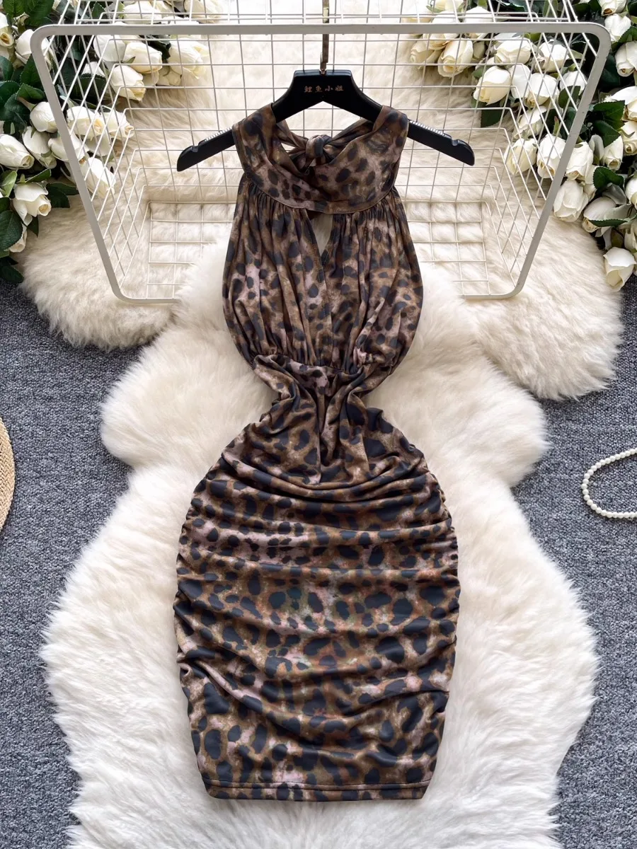 Foamlina halter amarrar leopardo impressão vestido feminino sexy quente menina recorte sem mangas cintura cinched bodycon mini night club vestido