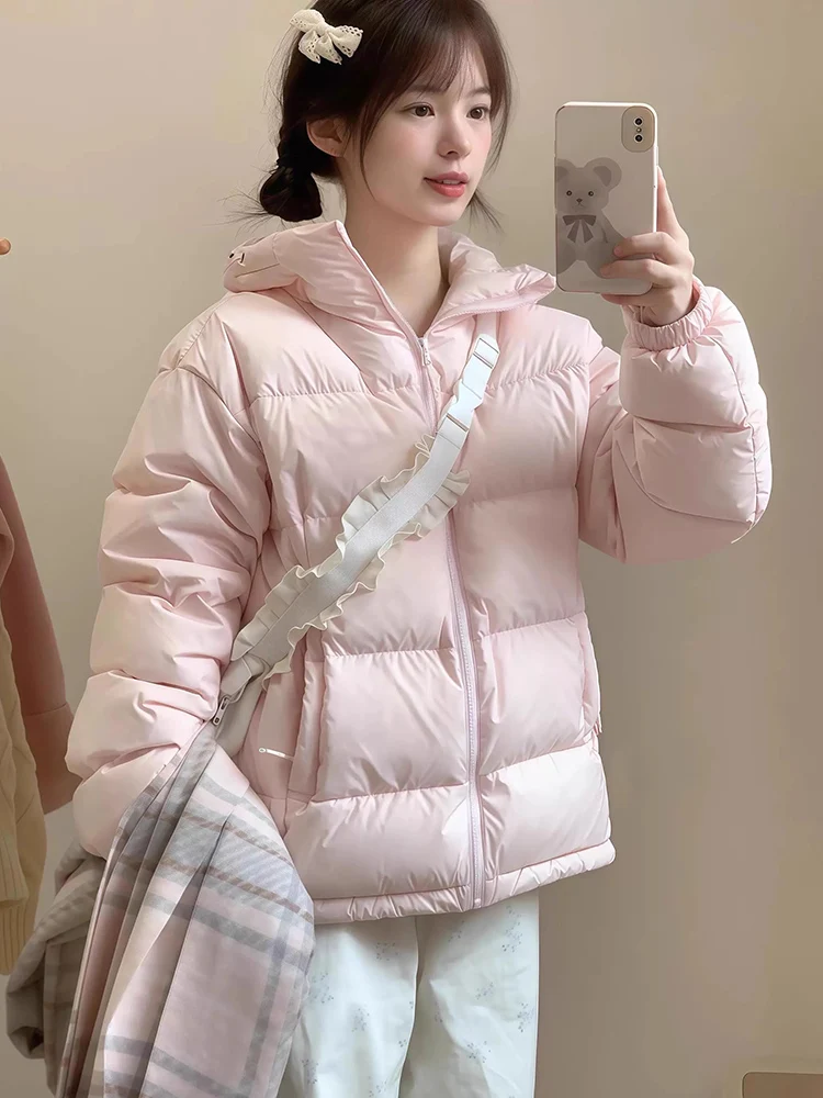 Zoki-Parkas hinchadas de color rosa para mujer, abrigo cálido y grueso de manga larga de algodón dulce, chaqueta coreana informal con cuello levantado de estilo Preppy