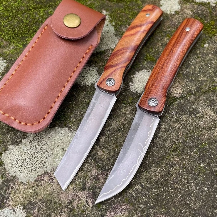 

High Quality Folding Pocket Knife Composite Steel Tanto / Drop Point Blade Red Sandalwood Handle Knife Tactical Military Tools