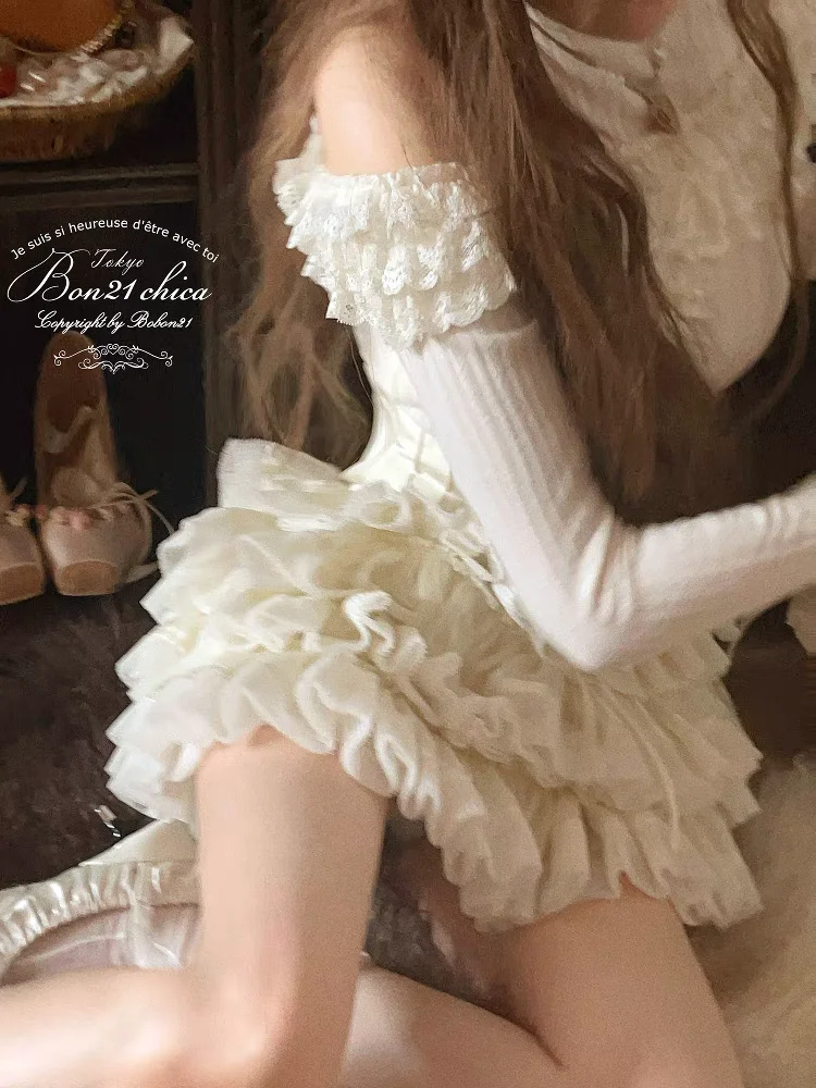 Princess sweet lolita Skirt bobon21 lace bow Shining Waist Cover Cake Skirt Culotte B2390