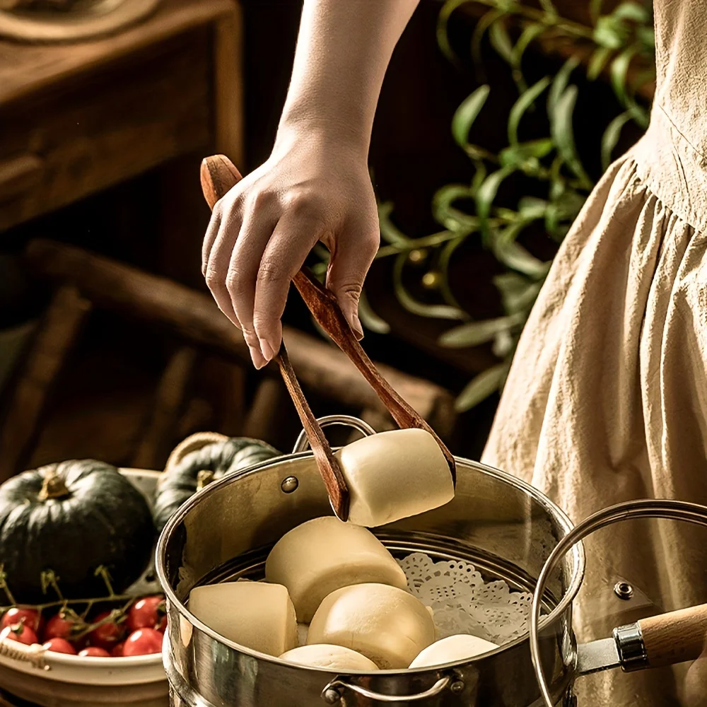 Wooden Food Tongs, Non-Slip Heat Resistant Serving Tongs, Reusable Wood Cooking Clips for Salad, BBQ, Buffet & Kitchen