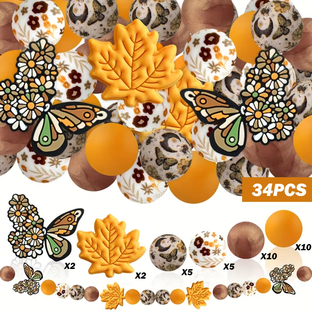 33/34/58-teiliges Set mit Silikonperlen in Form von Blumen und Schmetterlingen, zum Basteln von Halsketten, Armbändern, zur Dekoration von Stiften, Schmuckanhängern usw. Geburtstagsgeschenk für die Feiertage – Detail 9