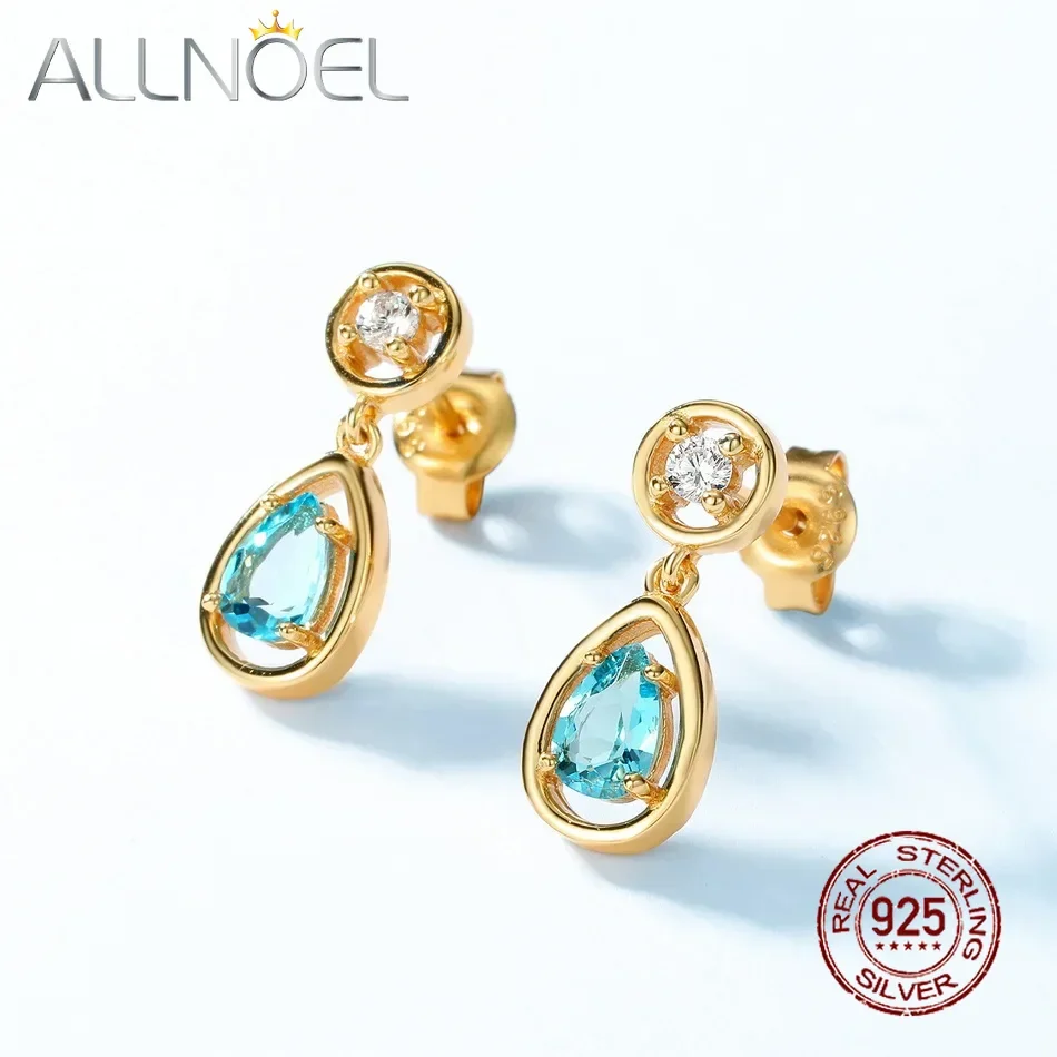 

ALLNOEL Solid 925 Sterling Silver Piercing Water Drop Earrings for Women 4*6mm Swiss Blue Topaz Elegant Jewelry Gold Plated Gift