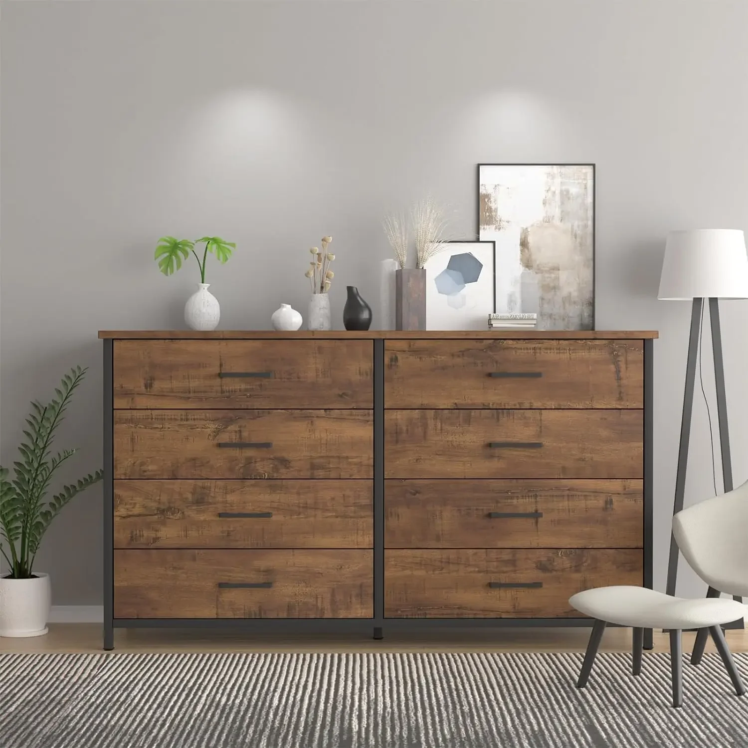 8 Drawer Dresser, Industrial Wood Storage Dressers & Chests of Drawers with Sturdy Steel Frame, Storage Dresser for Bedroom Wood