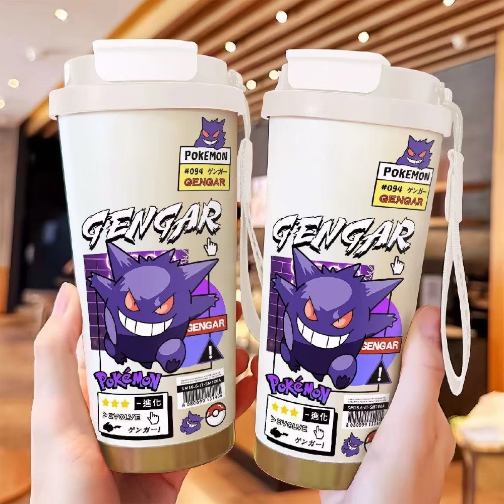 MINISO بوكيمون Gengar كوب بقشة زجاجة ماء للأطفال الإبداعية المحمولة زجاجة رياضية كوب قارورة عازلة هدايا عيد الميلاد للأطفال