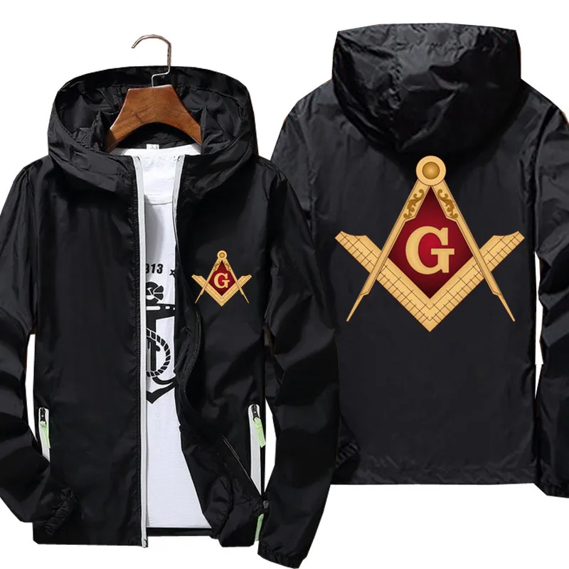 Mens Bomber Hooded Mason Masonic Freemasonry Architecture Symbol Pilot Thin Windbreaker Sunscreen Skin Cycling Jacket Oversized