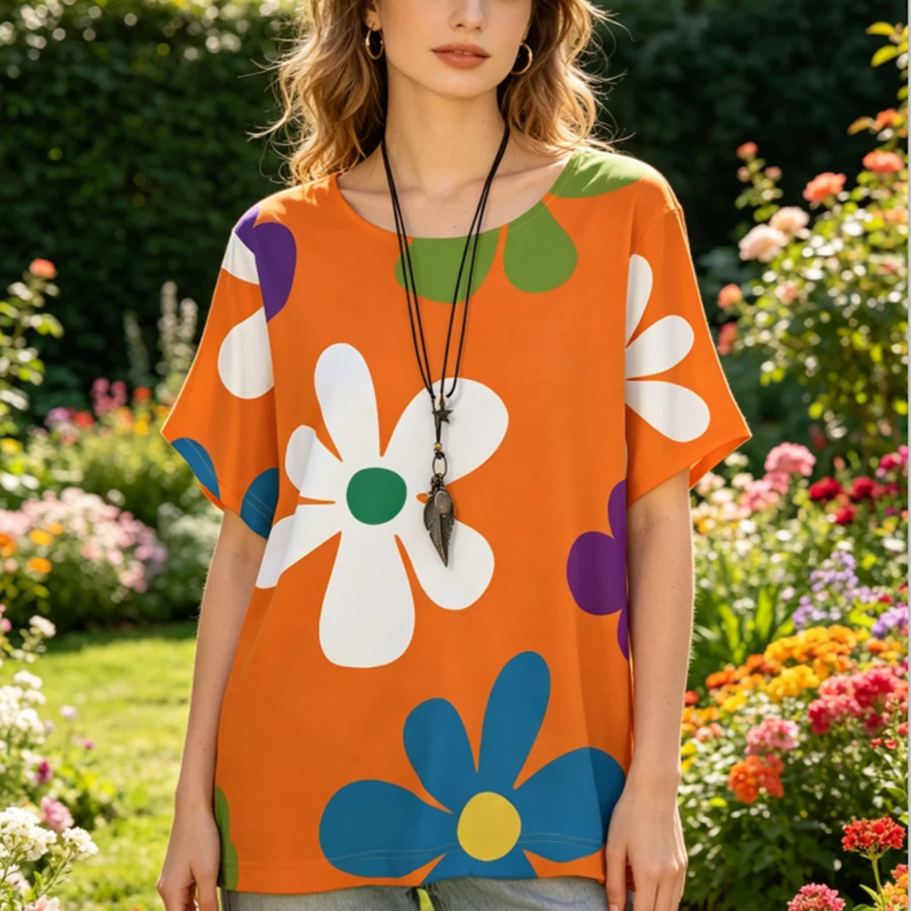 

2026 New Fashion Color Printed T-shirt Loose Casual Short Sleeved Round Neck Top for Women Outdoor Beach Vacation Plus Size Top