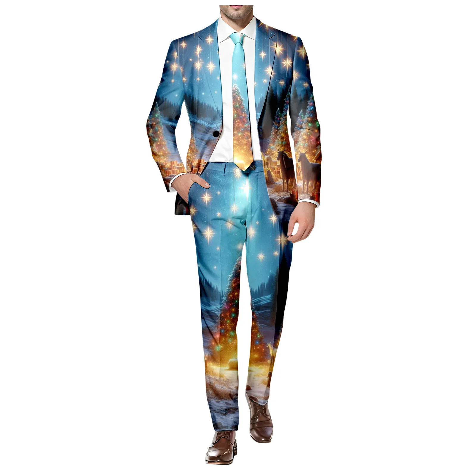 Fashion Long Sleeved Business Suits Lapel Single Button Christmas Print Suit Men Slim Fit Casual Comfortable Suit Jacket