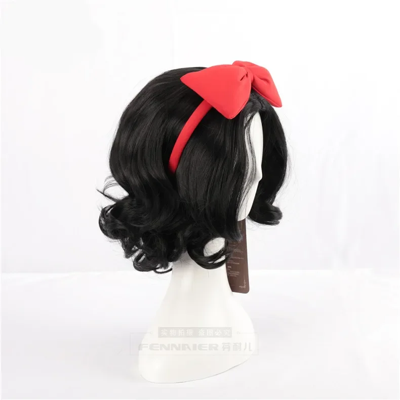 Halloween Women Snow White Princess cosplay Wig Stage Role Play black wavy hair with red bowknot hairband