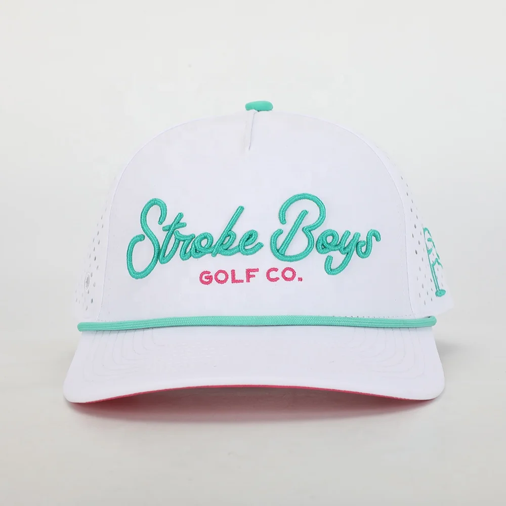 50個卸売カスタム高品質刺繍ロゴ5パネルスポーツゴルフハット、ホワイトポリエステルゴラス、レーザーカット穴野球帽