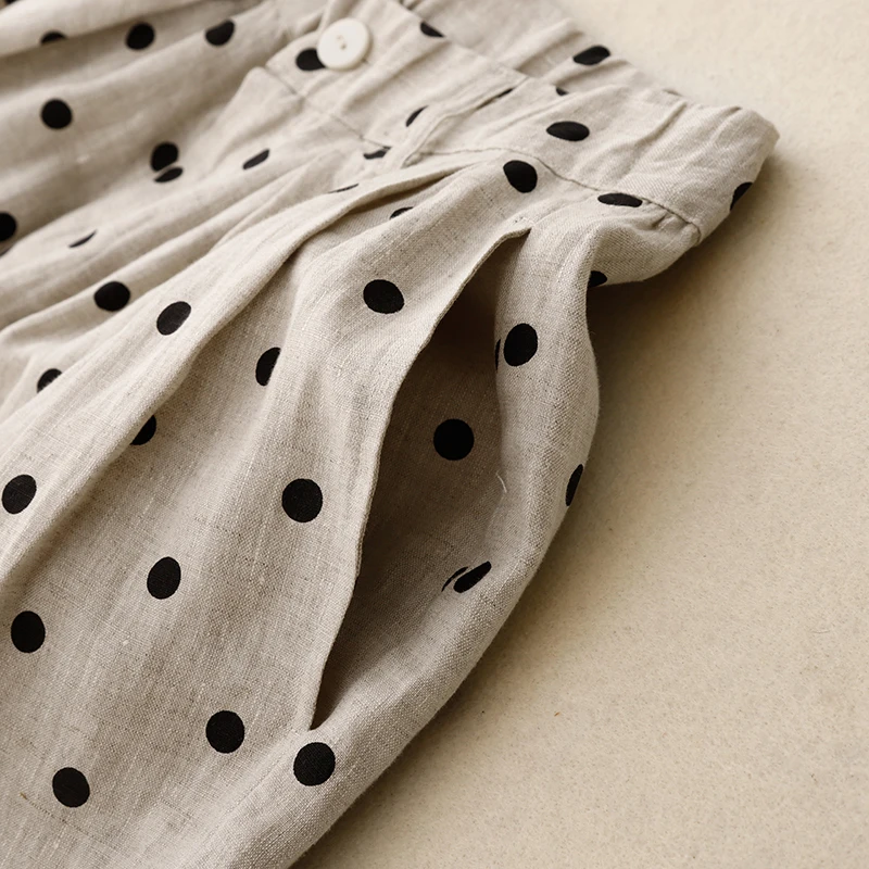 Lente Zomer Nieuwe Linnen Casual Polka Dot Print Wijde Pijpen Broek Dunne Rechte Cut Dames Casual Broek l Taille Negen Punten