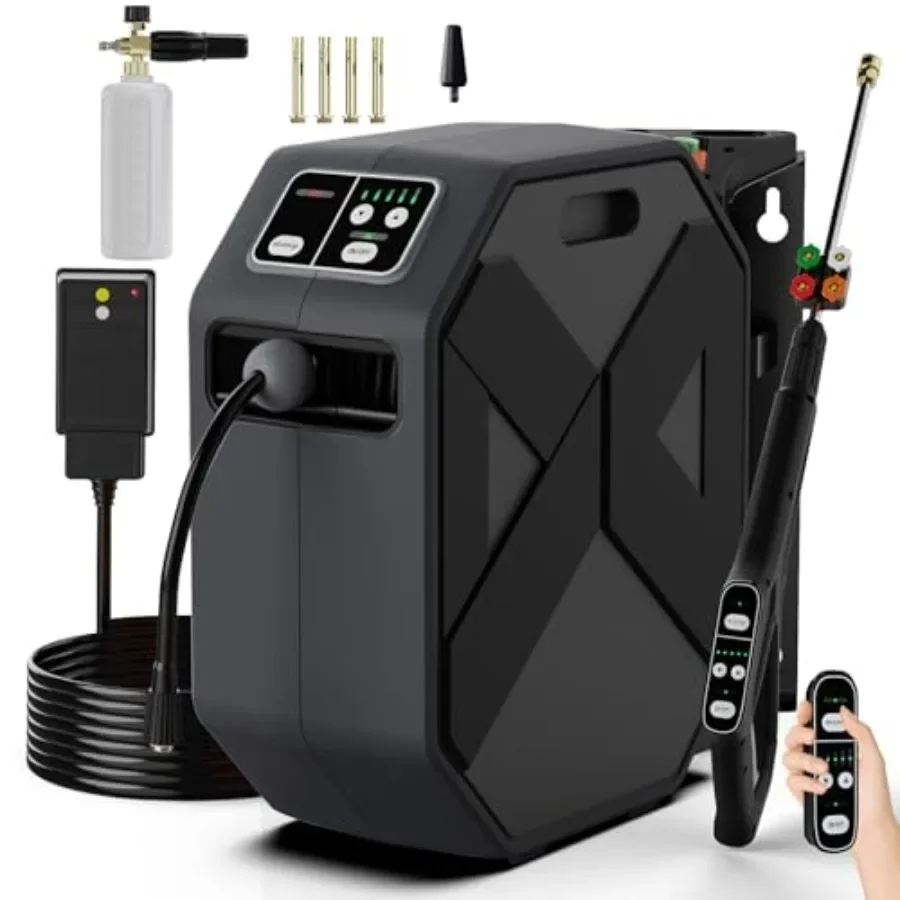 

Wall Mounted PowerWasher for car, lane, patio cleaning: 5000 PSI, stainless steel body, black/red, quick-connect nozzles foam c
