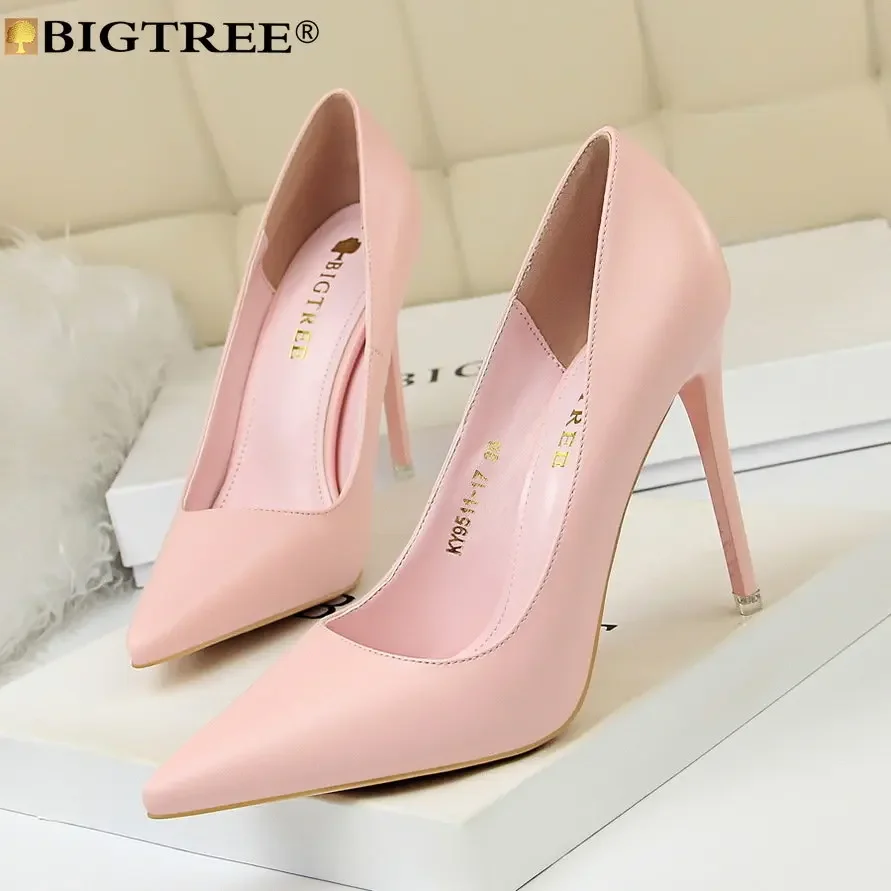 BIGTREE Shoes Elegant Women Pumps Novelty Pointed Toe PU 10CM Thin Heels Mature Office Career Women Shoes Yellow