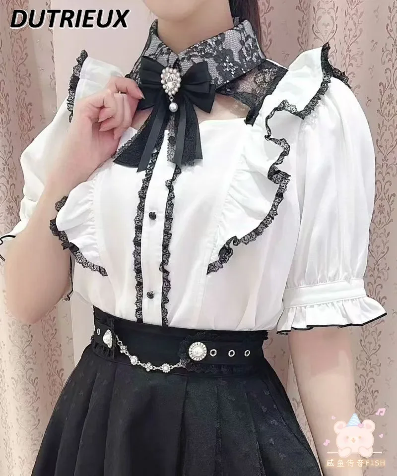 

Japanese Lolita New Brooch Sweet Hollow Out Short Flying Sleeve Shirt Mine Mass-Produced Solid Color Tops All-Match Blouse