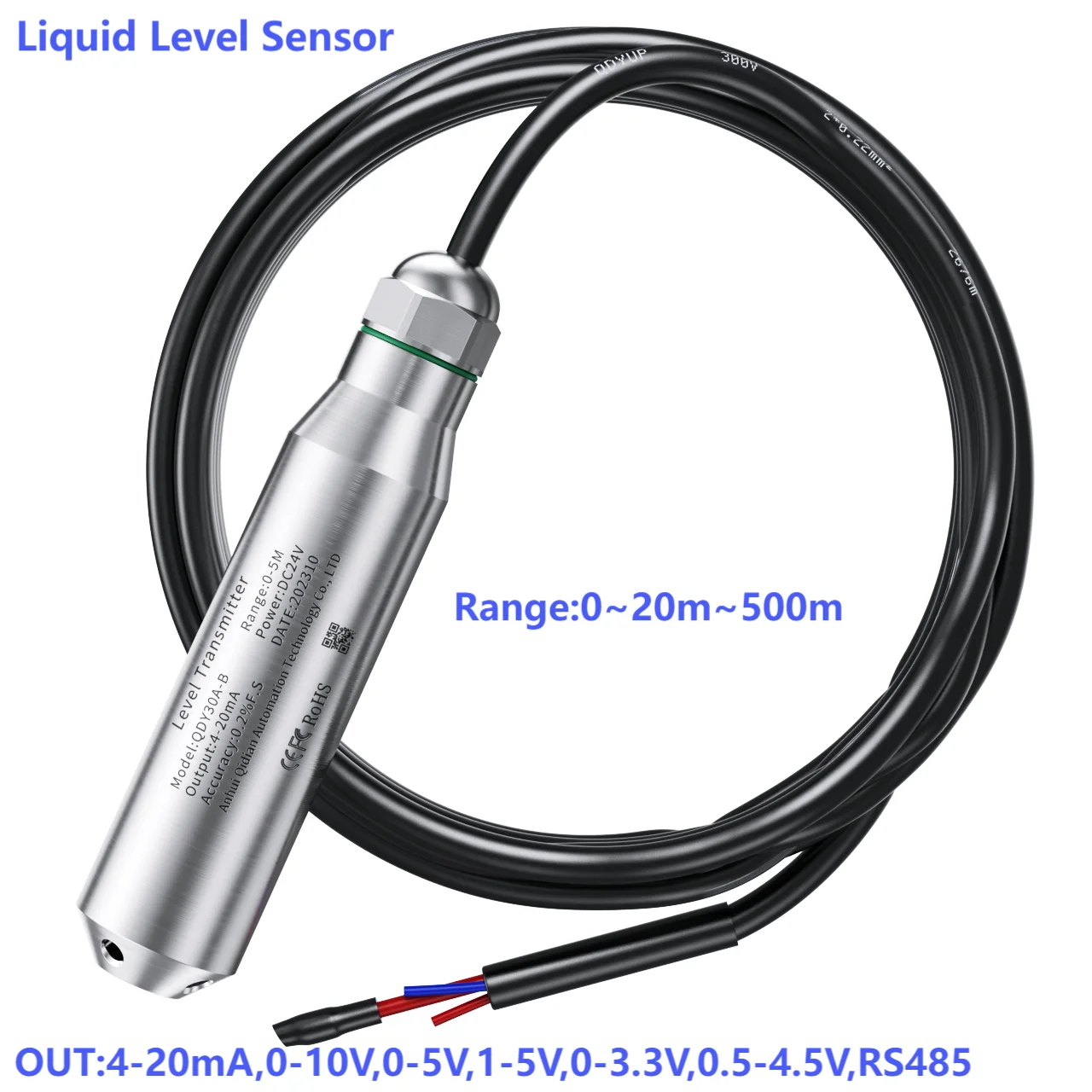 2M 3M 5M 0-5V Range Liquid Level Sensor Transmitter DC24V Power 4-20mA 0-10V 0-3.3V RS485 Submersible Water Level Sensor