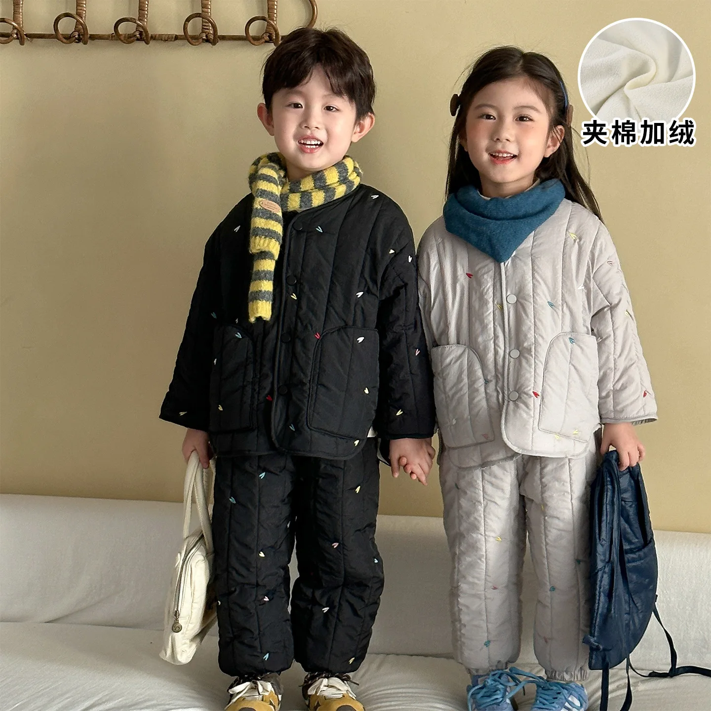 2026 New Embroidery Children's Sets Autumn Winter Warm Plush Lining Kids Hooded Jacket and Pants for Boys and Girls Sets