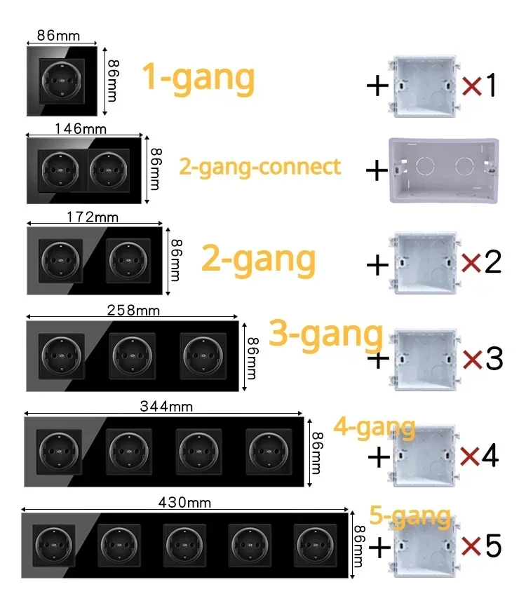 EU Wall Sockets 16A 220V Plastic/Glass Panel 2/3/4/5 Gang Conjoined 2 Poles 86mm Black and White Gold Fireproof Wall Home Socket