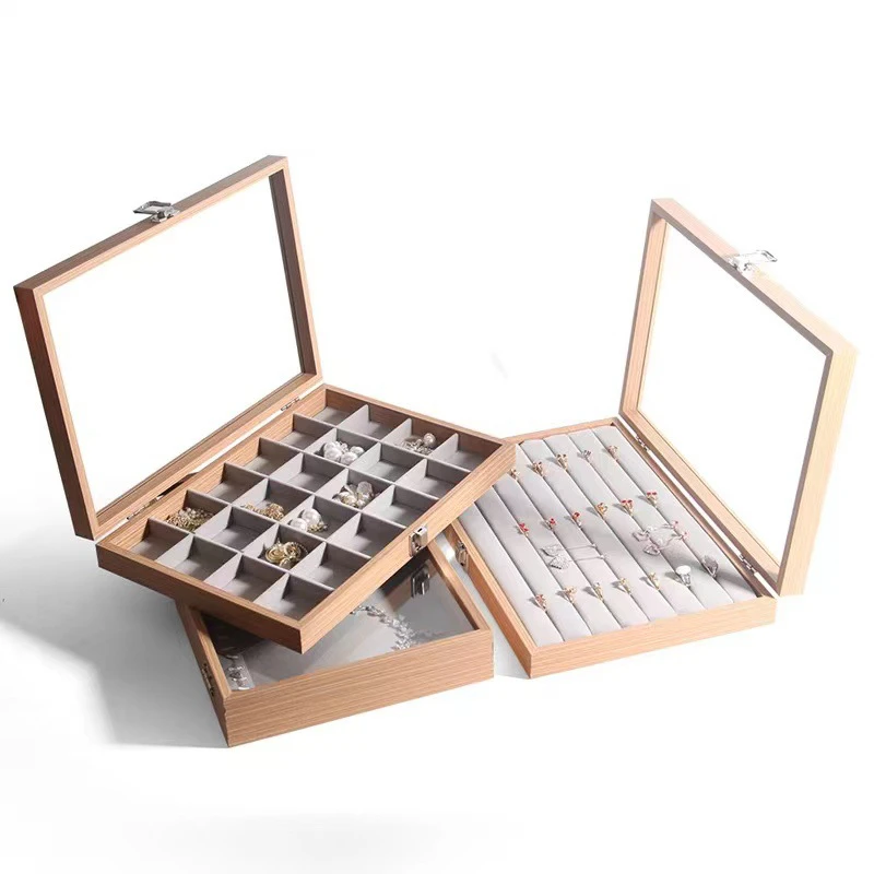 

Brown Graining Jewelry Box With Glass Cover Storage Ring Earring Bracelet Necklace Display Organizer Case Inner Beige Velvet