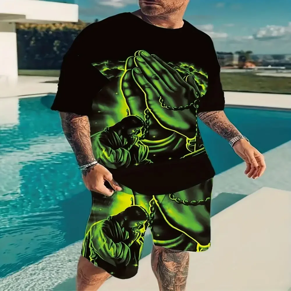 

3D Chain Style Printed Summer Men Clothing Suit Short-sleeved Retro Luxury T-shirt Shorts 2 Piece Set Oversize ropa para hombre