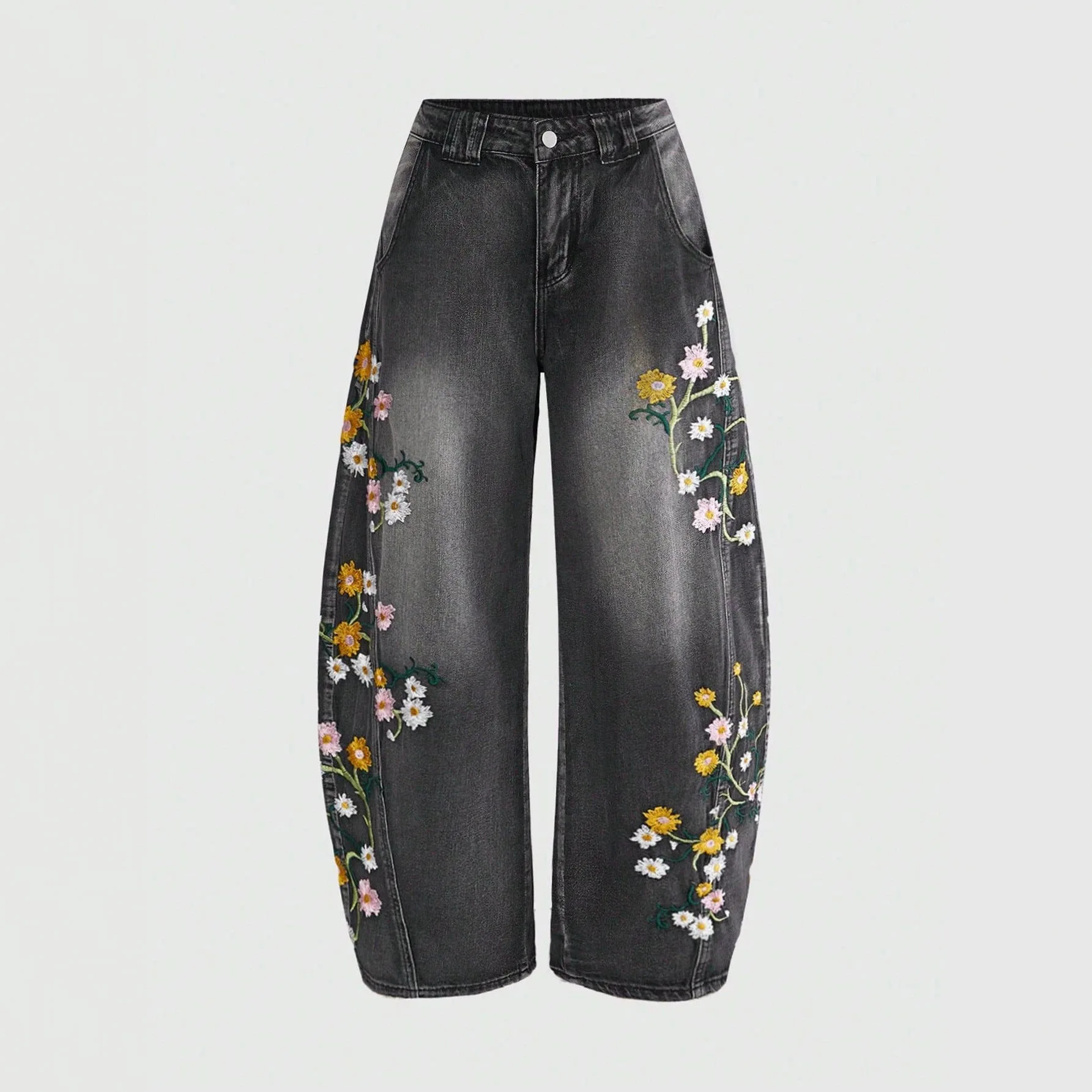 Women's Jeans For Black And Gray Side Flower Embroidered Wide-leg Jeans Women's High-waisted Curved Scimitar Pants Casual Trouse