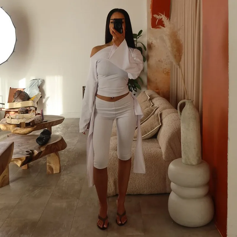 Solid Casual 2 Piece Set Women Inclined Shoulder Flare Long Sleeve T-shirts Tops + Lace up Ribbon Skinny Calf Length Pants Suits