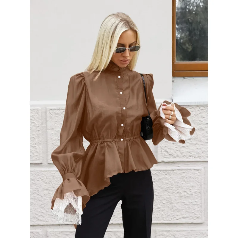 

Women's Gentle French Style Tencel Shirt Long Sleeved Waist Design Irregular Hem Spring/Summer Commuting Top