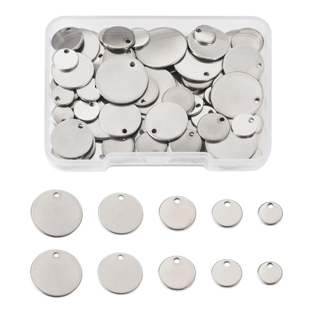 100Pcs 304 Stainless Steel Charms, Stamping Blank Tag, Flat Round, Stainless Steel Color, 7~16x0.8~1mm, Hole: 1.4mm