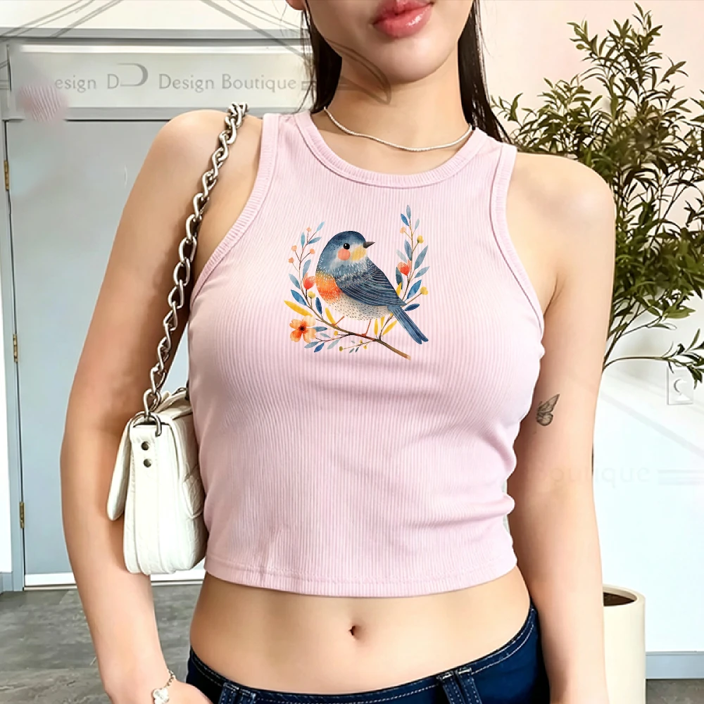 Watercolor Robin Bird Wreath Branch Floral Botanical Print Camisole Ribbed Tank Top Crop Y2K Top Women Cropped Slim Vest Tops