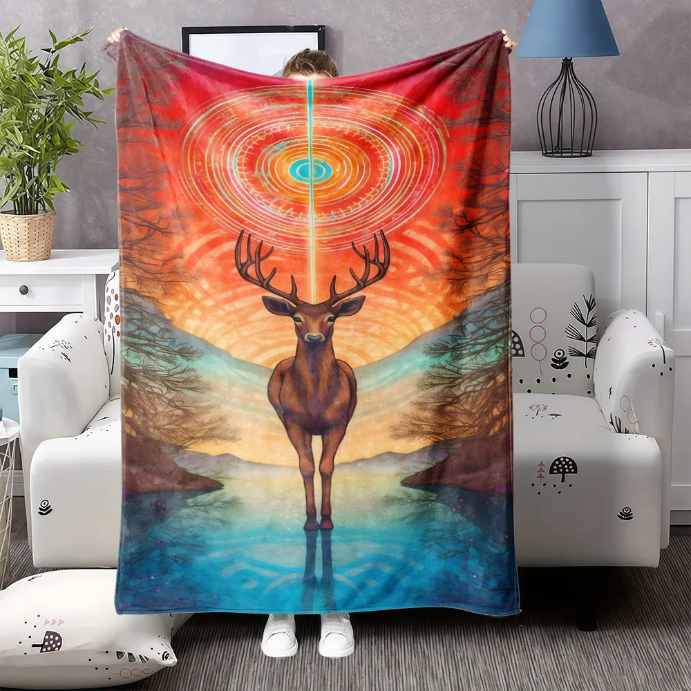 1pc Luxury Deer & Forest Flannel Blanket - Plush Soft Bedspread with Stag & Antlers Design, All-Season Cozy Bed Couch Travel Thr