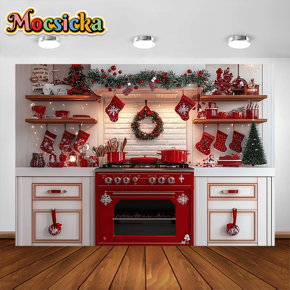 Christmas Kitchen Photography Background Xmas Wreath Red Socks Holiday Decoration Boys Girls Photo Portrait Backdrop Studio Prop