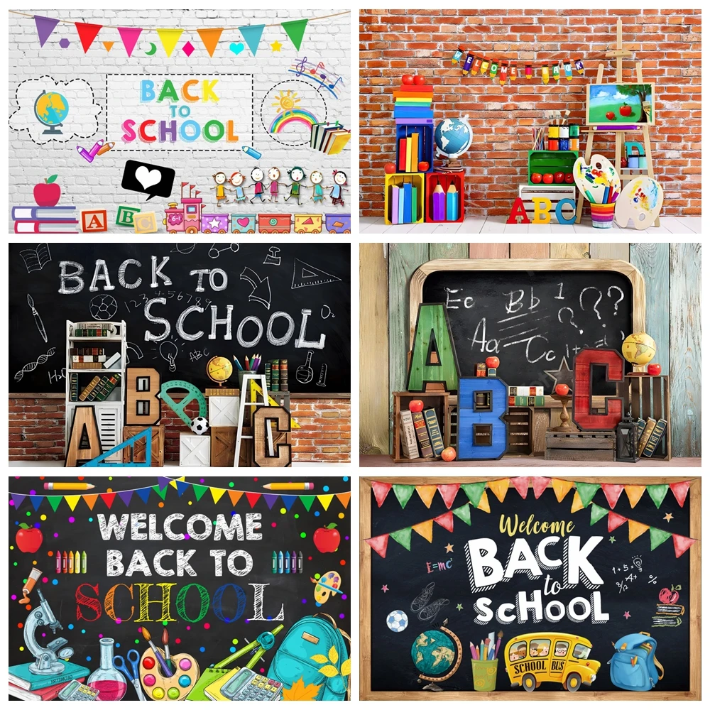 Welcome Back To School backdrop Black Chalkboard Globe Pencil Book Classroom Children Student Photography Background Party Decor
