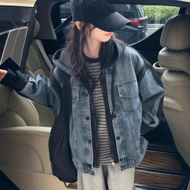 

2026 Korean Girls Denim Jacket, Big Kids Hooded Casual Coat Chic Autumn Outerwear New Arrival