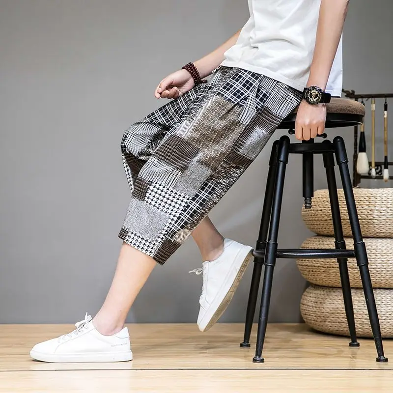 2024 New Trendy Chinese Style Summer Thin Ice Silk Men\'s Printed Elastic Waist Capris Casual Versatile Beggar Patch Haren Shorts