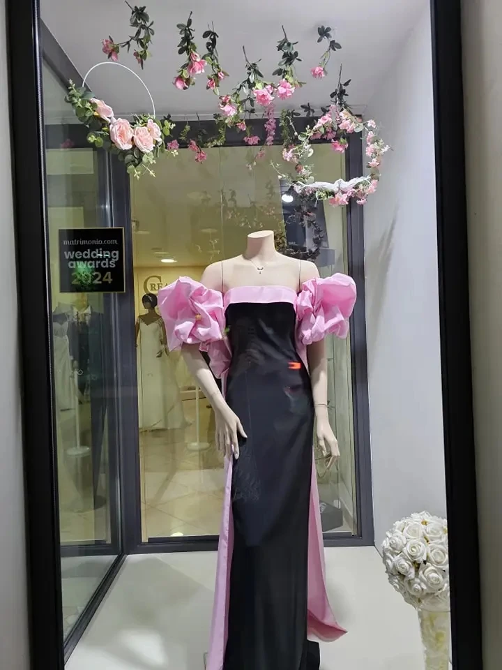 Pink Floral Cloak Long Maxi Dresses Off Shoulder Elegant Formal Dresses A-line Long Cape 3D Flower Party Dress Black