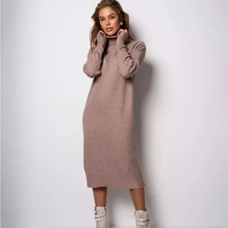 European and American women\'s casual high neck knitted dress 2024 autumn and winter new style, loose interior slimming fur dress