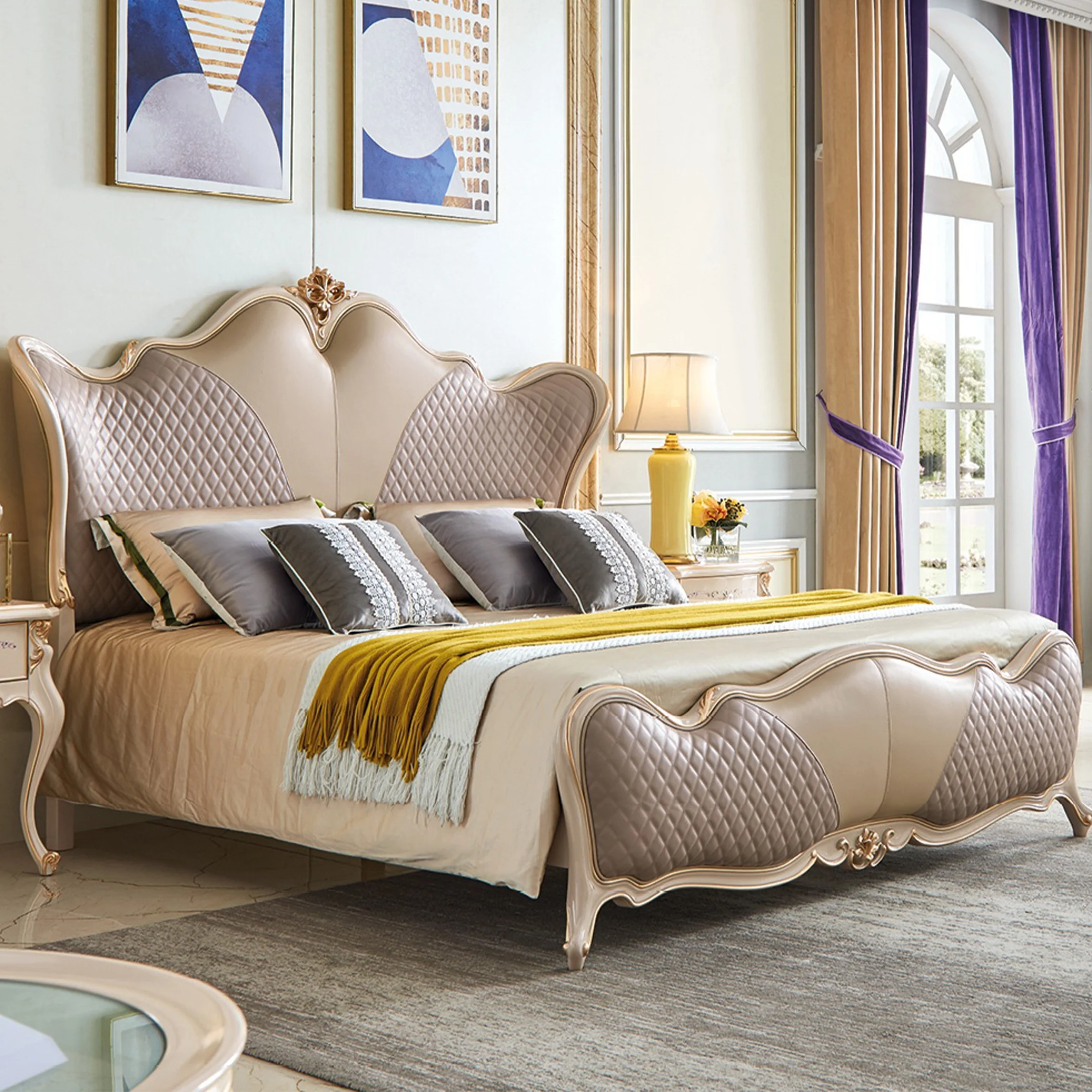 

For European Bed Room Furniture Queen king Size Bed Set Modern Carved Wooden Leather Upholstered Single Double Bedroom Bed