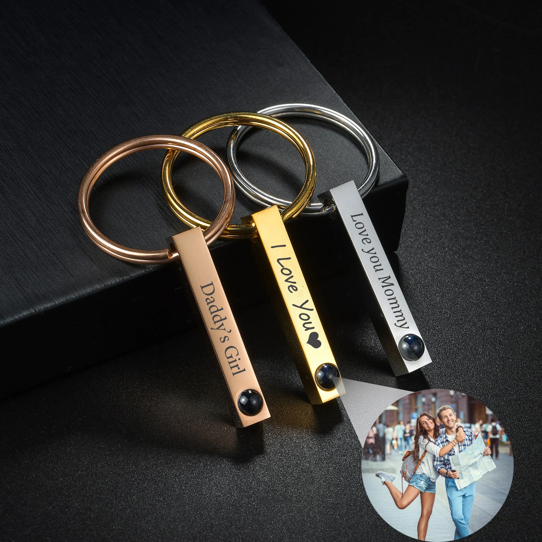 Sifisrri Custom Memorial Photo Projection Bar Keychain for Women Men Stainless Steel Picture Engrave Text Key Ring Jewelry Gift