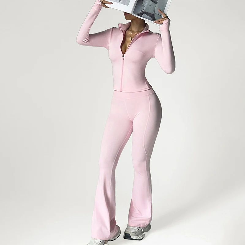 Spring 2PCS Yoga Set Woman Outdoor Running Cycling Casual Sports Clothes Women Solid Color Zip Jakcet Flared Pants Workout Suit