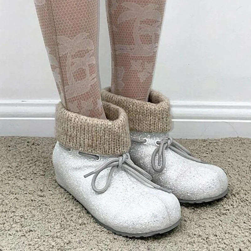 

Round Toe and Increased Height, Cute Knitted Flip Over Short Boots for Women, Drawstring, Two On Short Tube Women's Boots