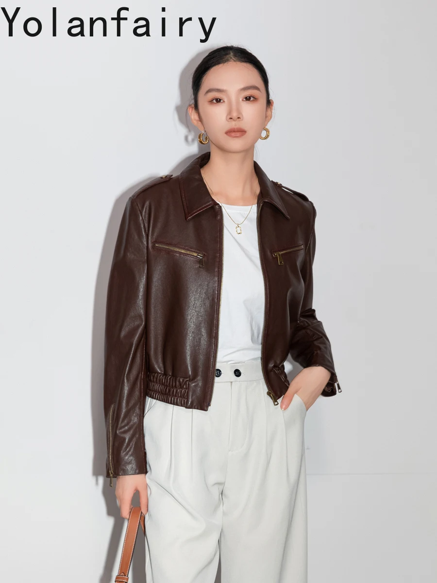 YOLANFAIRY 高品質リアルシープスキンヴィンテージレザージャケット女性ショート本革コートストリートシックなレザージャケット
