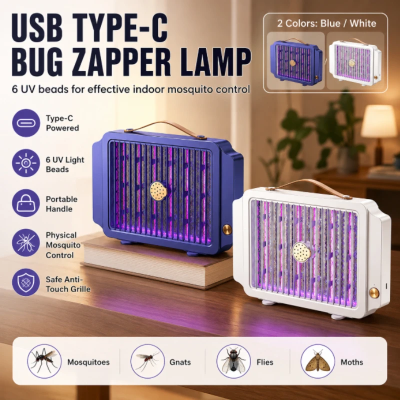 Portable Handle Design Bug Zapper Lamp Type‑C USB Power Supply UV Purple Light Mosquito Catcher Light for Household Indoor Space